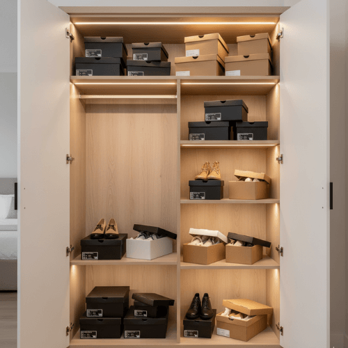 Viele Schuhkarton in Schrank